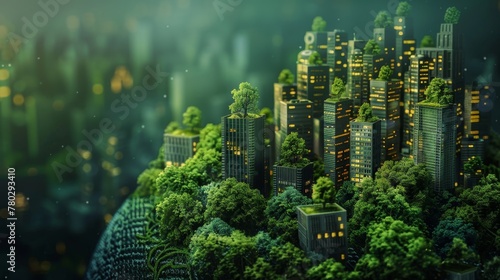 A 3D rendering of Earth with a green cityscape