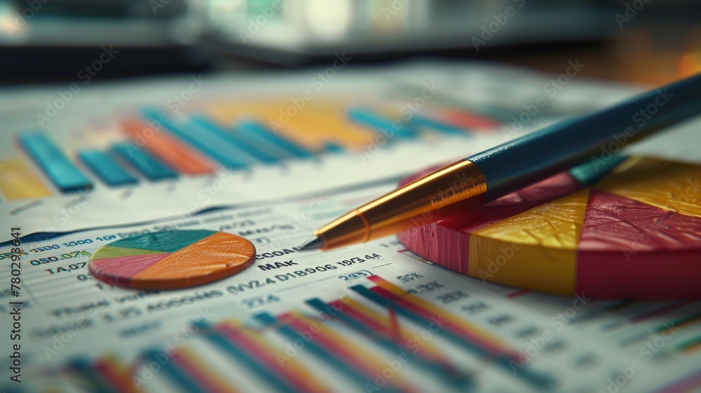 A 3D visualization featuring financial data represented by pie charts and bar graphs A 3D visualization featuring financial data represented by pie charts and bar graphs