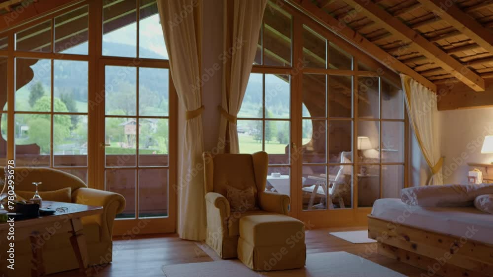 Eco hotel room in the mountains with wood furniture. Cozy apartment in a winter hotel. Guest houses with balcony in winter forest. Eco hotel room in the mountains with wood furniture. Cozy apartment in a winter hotel. Guest houses with balcony in winter forest.