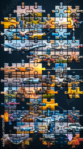 a giant puzzle forming the backdrop, with each piece representing a key aspect of the automotive industry chain, AI technology motifs and connecting lines weave through each piece, symbolizing the int