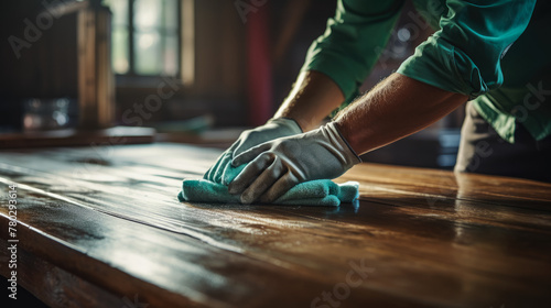 Diligent hands polish surfaces, as a house cleaner meticulously wipes away dust, bringing a gleam to furniture and spaces photo