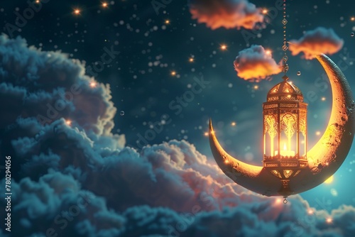 3D lantern with islamic ornament, eid mubarak greeting card, Happy Eid Mubarak, islamic holiday concept, islamic Eid al-fitr background