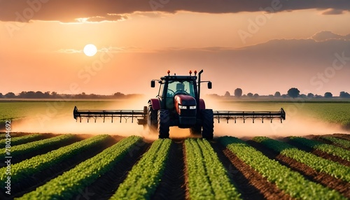 irrigation tractor driving spraying or harvesting an agricultural crop at sunset as banner design for agriculture industry and food supply production concepts