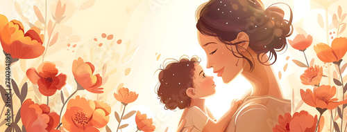 Illustration of mother and child with flowers in the background, representing the love and bond between a mother and her child. Suitable for Mother's Day and family-related themes. photo