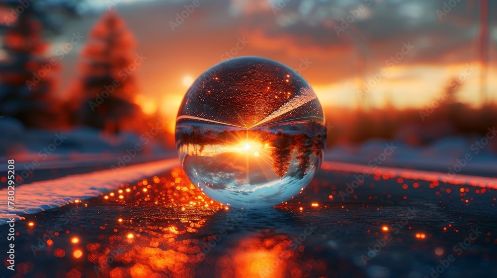 A festive 3D vector representation of a Christmas glass ball reflecting a scenic road at sunset A festive 3D vector representation of a Christmas glass ball reflecting a scenic road at sunset