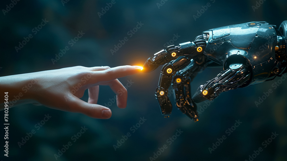 Illustrate a symbolic connection between a robot and a human hand in a ...