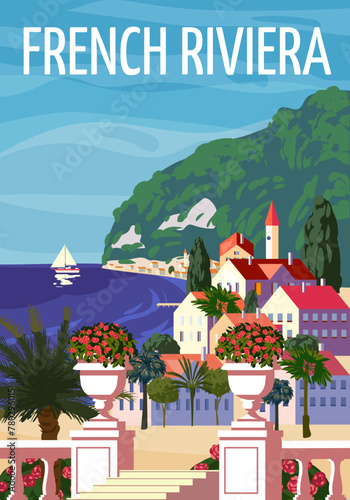 French Riviera Nice coast poster vintage. Resort, coast, sea, beach. Retro style illustration vector