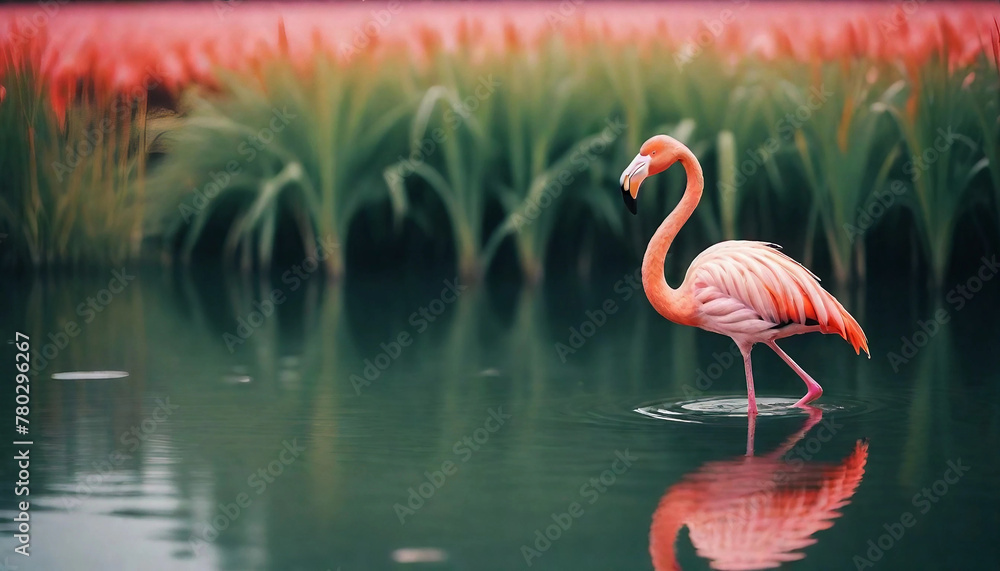 Fototapeta premium Pink flamingo wearing summer. Summer background. Generative ai 