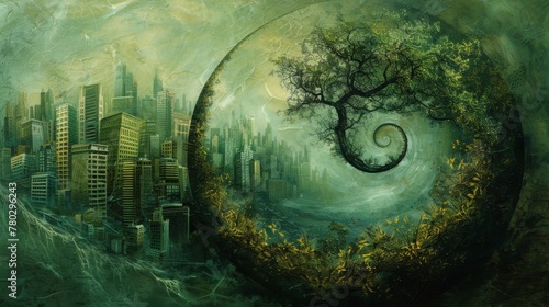 A mystical depiction of a spiral green world, featuring a cityscape inside an eggshell