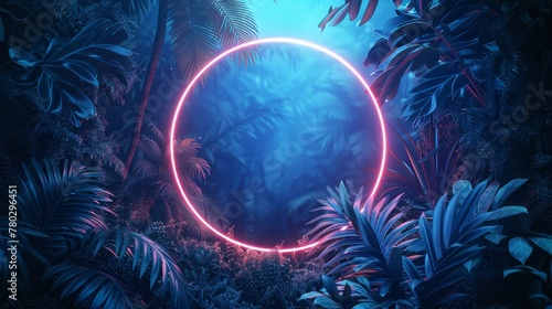 A neon circle shining brightly amidst tropical leaves in a dark, blue jungle setting