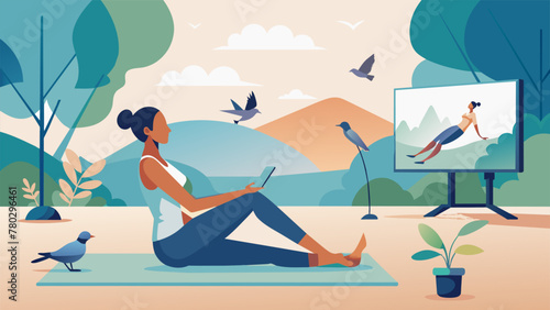A woman relaxes in her backyard flipping through different workout videos on her smart TV as she follows along with the instructor. The sun is