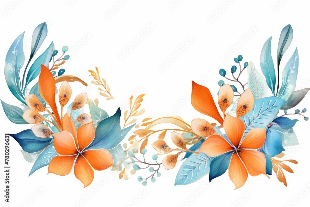 Watercolor bird of paradise clipart featuring exotic orange and blue flowers. flowers frame, botanical border, on white background.