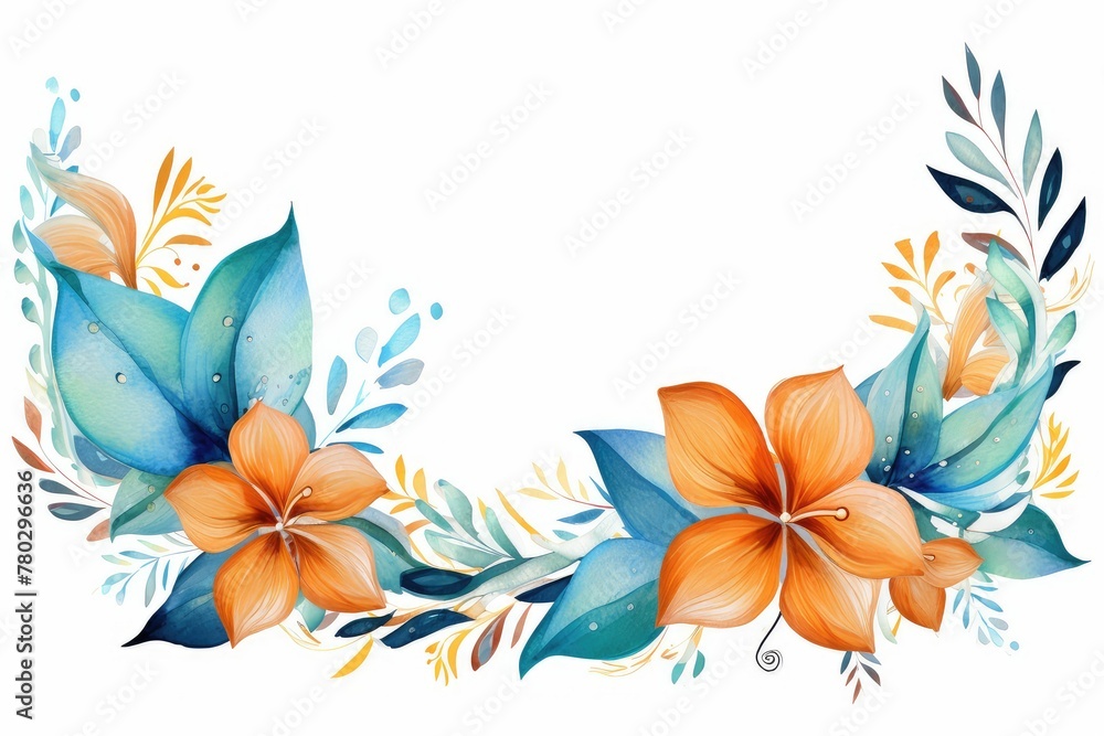 Watercolor bird of paradise clipart featuring exotic orange and blue flowers. flowers frame, botanical border, on white background.