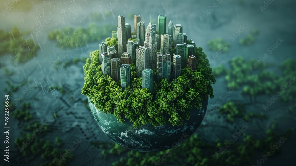 A realistic 3D portrayal of Earth showcasing a green cityscape
