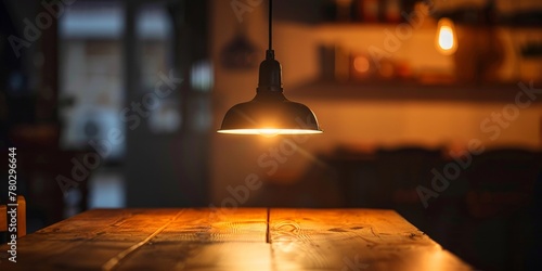 An inviting warm glow from a hanging lamp over a rustic wooden table in a dimly lit room. © tashechka