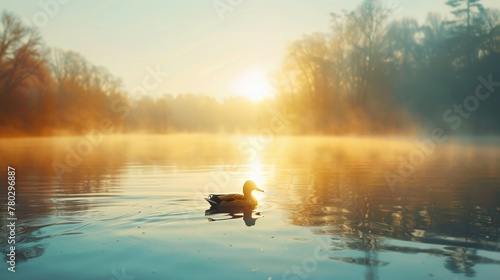 A single duck floats peacefully on a serene lake with a golden sunrise filtering through misty trees.