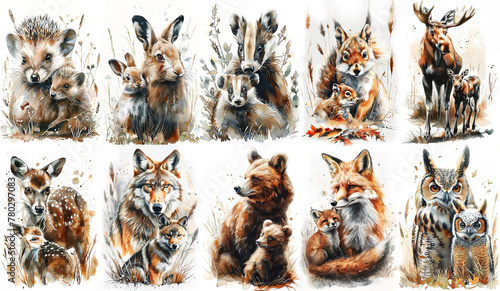 Forest animals with their cute little cubs. Watercolor illustration of forest wild animals on white background.. Generative AI © Serge