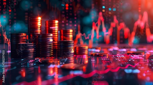 A transparent style illustration depicting stacks of coins alongside a stock market graph with a rising arrow