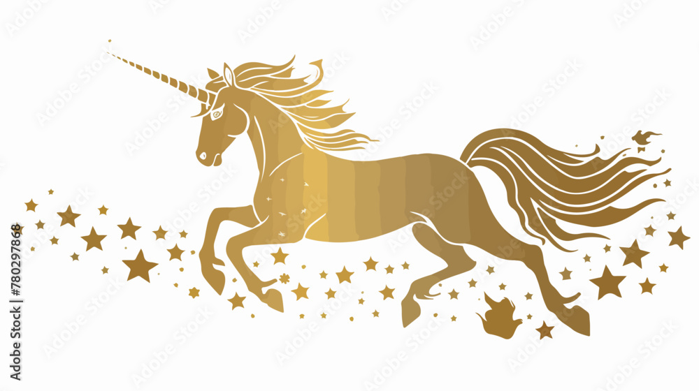 Beautiful golden silhouette of unicorn with stars. Vector