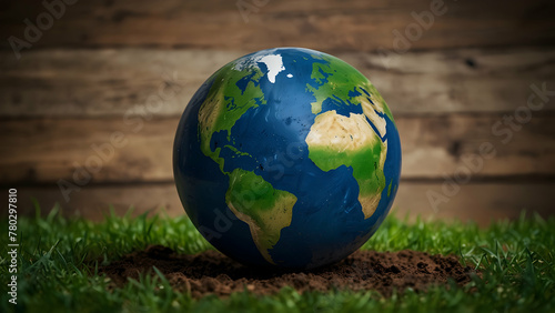 Planet earth on the grass with wooden background. Copy space. Concept on business, politics, ecology and media