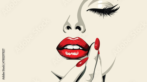 Beautiful girl face with red lips lush eyelashes hand