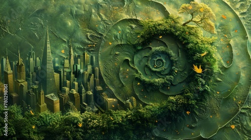 A whimsical scene of a spiral green world, housing a cityscape within an eggshell