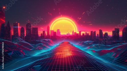 An abstract 3D grid landscape featuring a neon sun and retro wave, blending futuristic aesthetics with retro vibes