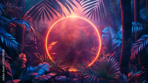 An artistic 3D rendering of a glowing neon circle surrounded by tropical leaves photo