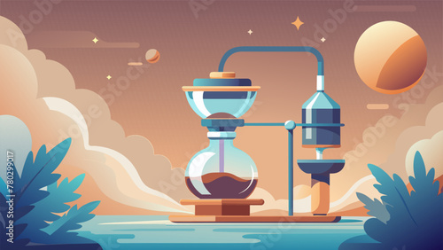 A dreamy illustration of a siphon brewing scene with a magical representation of water and steam floating through the air as the brew is
