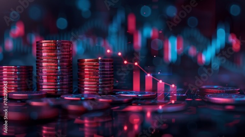 An artistic representation featuring stacks of coins, a stock market graph, and an upward arrow