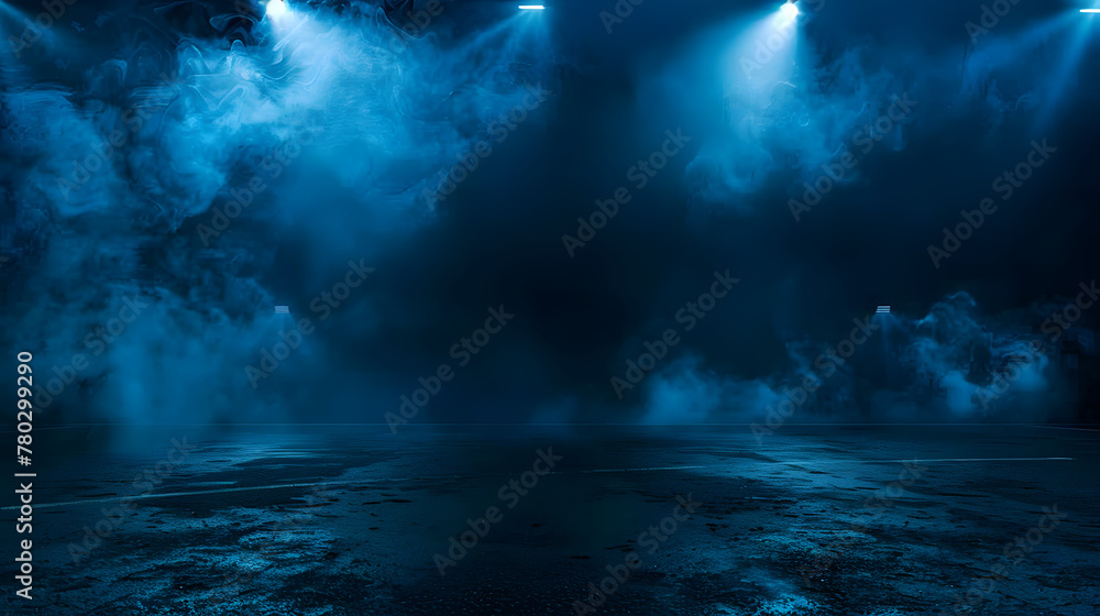 Blue color Empty stage with spotlights and smoke banner background with copy space