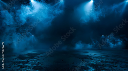 Blue color Empty stage with spotlights and smoke banner background with copy space