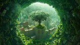 a spiral green world within an eggshell, resembling a miniature cityscape