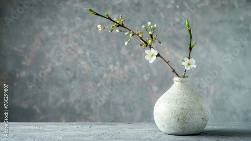 Sprouting branches in a rustic vase on a grey surface
