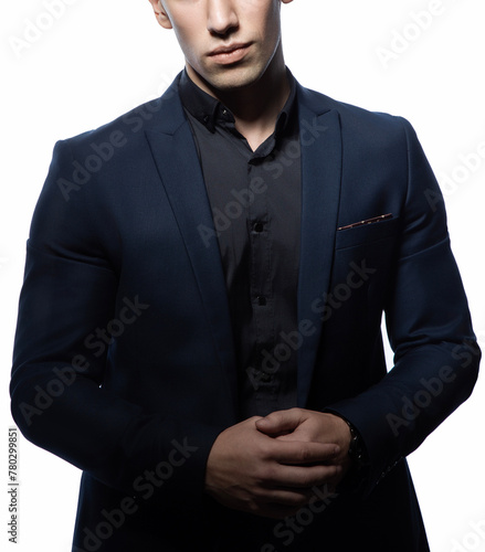 man in dark blue suit and black shirt, mens fashion
