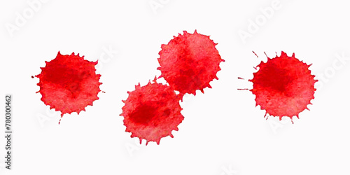 Drops of watercolor splashes, from wine, blood, paint, red burgundy color. Isolated, white background.