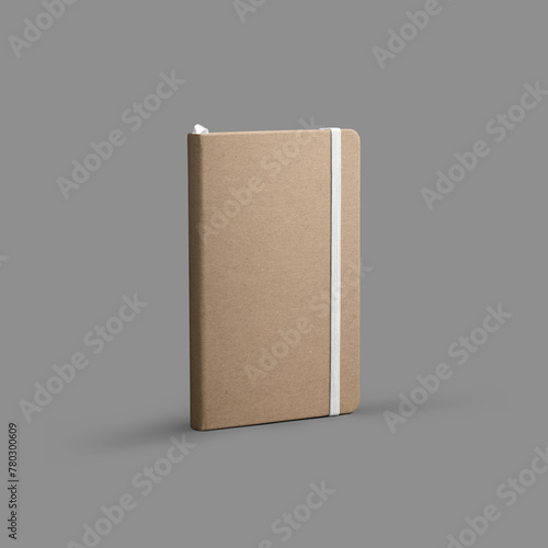 A template of a closed craft notebook with a bookmark, white band, stands on a gray background.