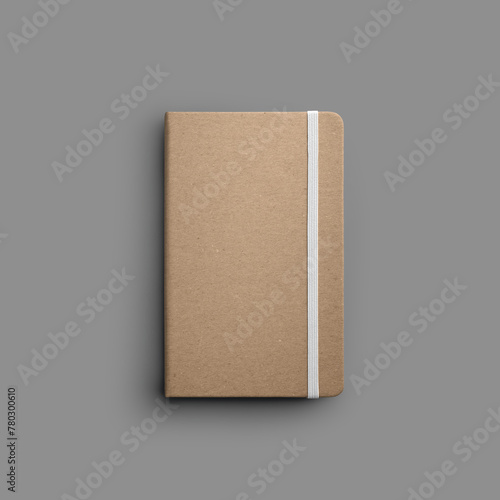 Mockup of craft notebook with white band isolated with shadows on gray background.