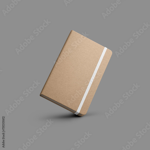 Mockup of closed craft notebook with white band, diagonal presentation, isolated on gray background.