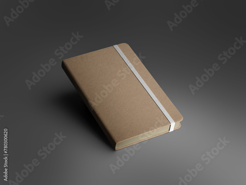Mockup of closed craft notebook with white band, textured hard cover, brown pages, isolated with shadows on gray background.