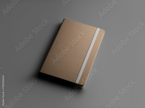 Closed craft notebook template with white elastic band, textured hard cover, dark pages.