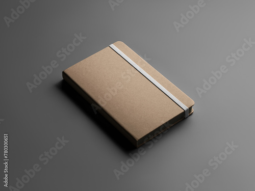 Closed craft notebook template with white elastic band, textured hard cover, for design, advertising.