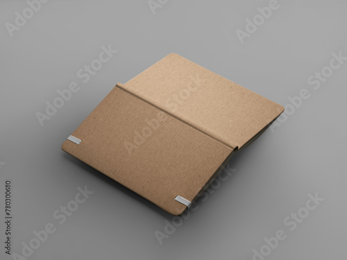 Mockup of open textured craft notebook with white band, hardcover notepad facing up, isolated on gray background.