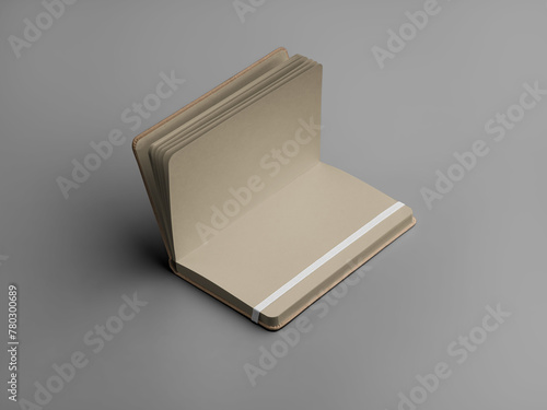 Mockup of open craft notebook with white band, holds pages, notepad with hard cover, for sketch, notes, print.