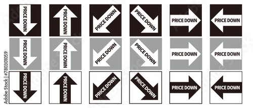 プライスダウンと書かれた上下左右の矢印のベクターイラスト