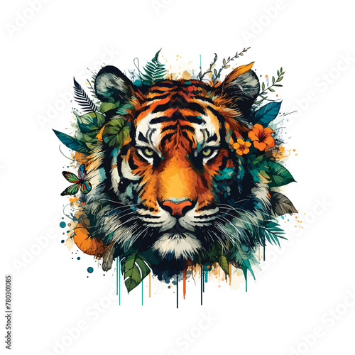 Fototapeta Naklejka Na Ścianę i Meble -  Tiger Head Watercolor Illustration for T-shirt Print