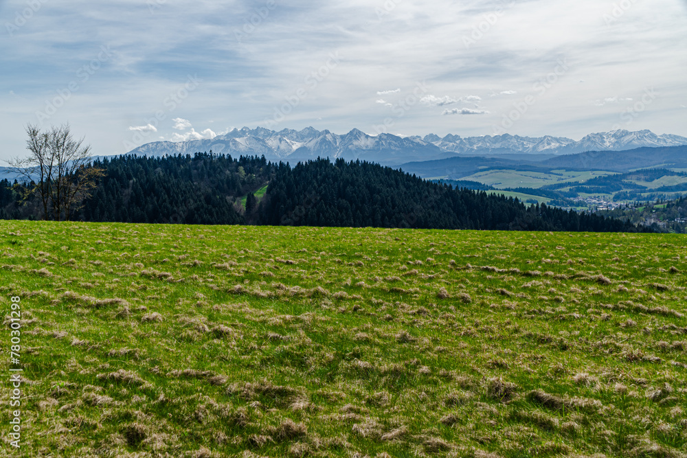 Góry, panorama Tatr w Polsce wiosną, widok z polany w Pieninach.