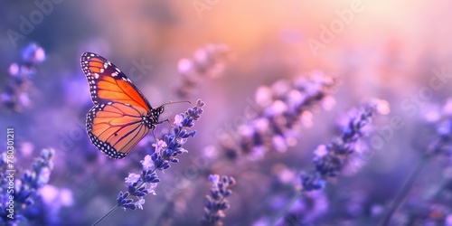 Summer Wild flowers and Fly Butterfly in a meadow at sunset. Macro image, shallow depth of field. Abstract summer nature background