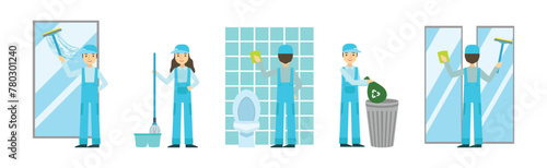 Cleaning Service with Professional Man and Woman Worker Character Vector Set