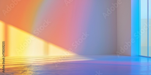 Empty room with rianbow light background. Rainbow color. Disco party. Pride light background. Festive art surface. Colorful pink yellow green blur glowing rays overlay on neutral wall.